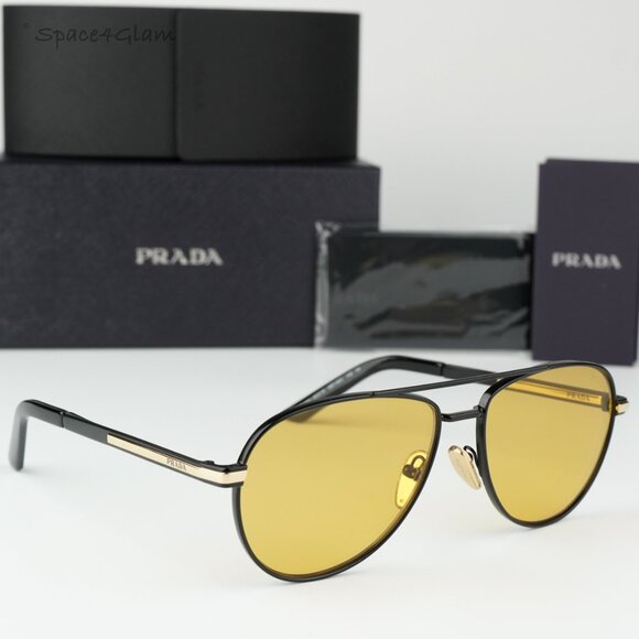 BRAND NEW Prada PRA54S 1BO90C Matte Black Yellow Unisex Pilot Sunglasses